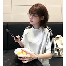 抖音得物品质二开240克宽松纯棉美式潮牌印花三条杠中性风短袖T恤，男装T恤，电商A486-1