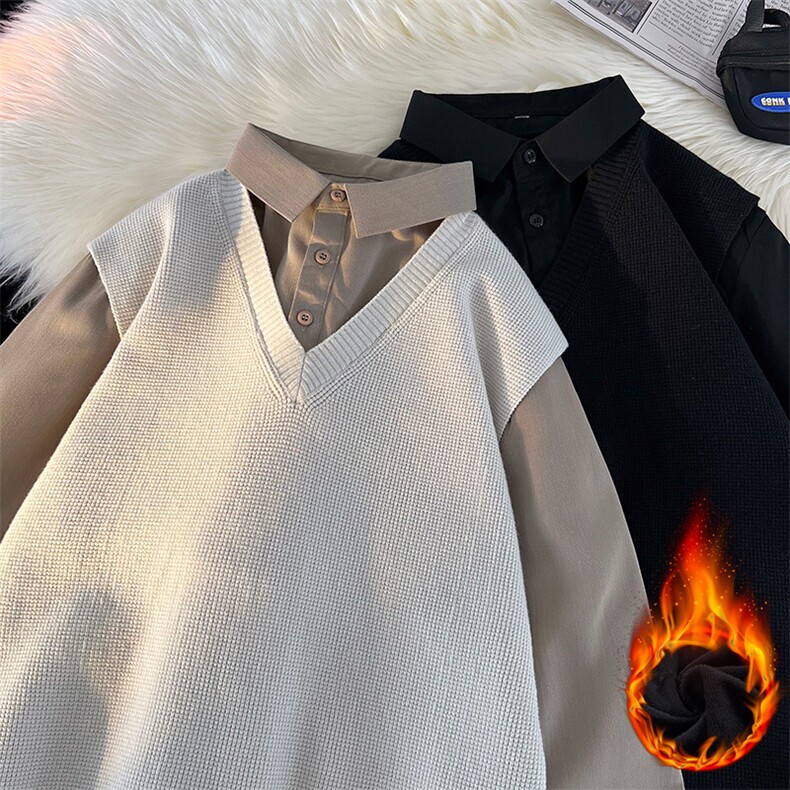 2025抖音秋冬款男士假两件加绒衬衫领新款刺绣针织打底衫CS16-P85,男装T恤,电商B278
