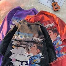 潮牌宽松短袖t恤蜡染美式复古高街水洗做旧517A-2-SX290-P38，男装T恤，星座517A-2