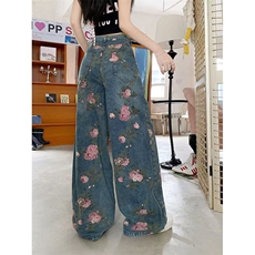 美式潮牌休闲牛仔长裤中古风花卉印花阔腿牛仔裤潮流秋RK3006-P46，男装牛仔裤，星座412-3
