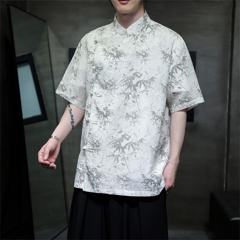 2024风新款中式棉麻复古汉服盘扣立领短袖衬衫CS35-P65,男装衬衫,电商A021