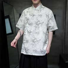 2024风新款中式棉麻复古汉服盘扣立领短袖衬衫CS35-P65，男装衬衫，电商A021