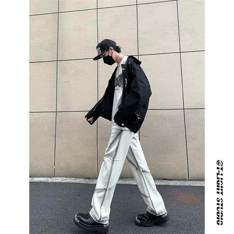 B221美式ins高街暗黑小众个性喷墨直筒牛仔裤LK23146-P65控88,男装牛仔裤,电商B221