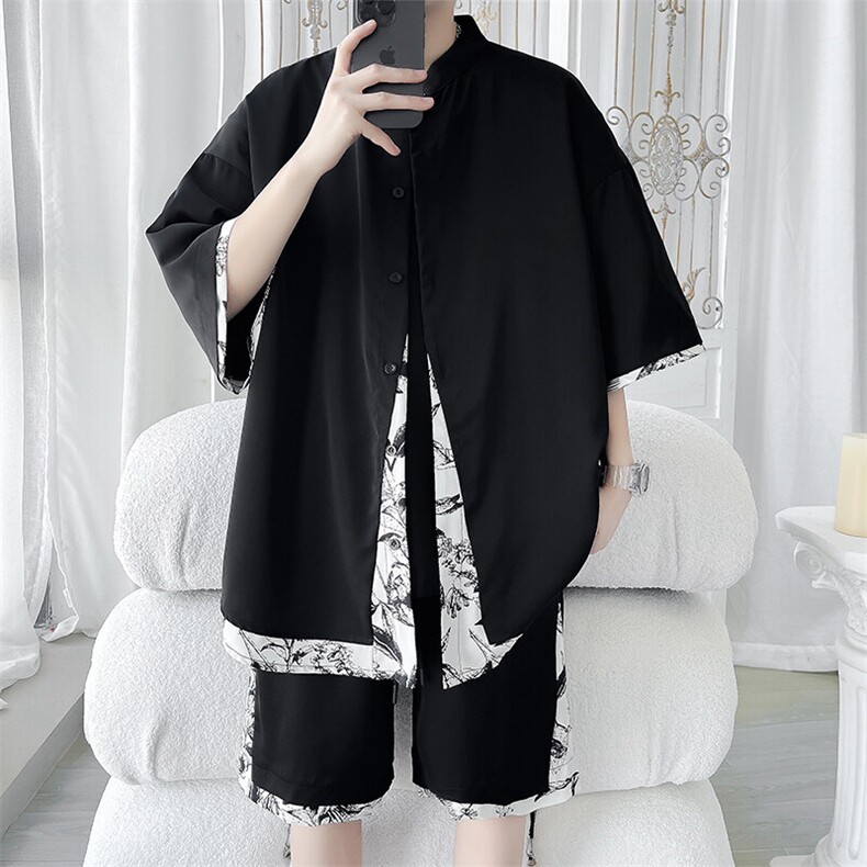 特批P55无差价夏季风冰丝垂感拼接大码五分套装男CD1910+DK1810,男装休闲套装,电商A001-1
