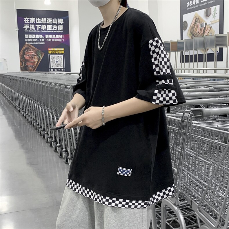 夏季高街小众设计感棋盘格拼接短袖T恤男潮牌半袖上衣T1314-P30,男装T恤,星座512-2