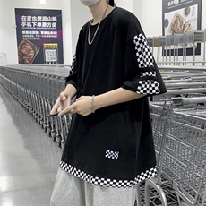 夏季高街小众设计感棋盘格拼接短袖T恤男潮牌半袖上衣T1314-P30，男装T恤，星座512-2