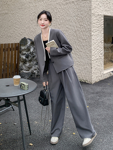 高级感灰色西装套装女2025春季新款干练气质短外套阔腿裤两件套潮图片