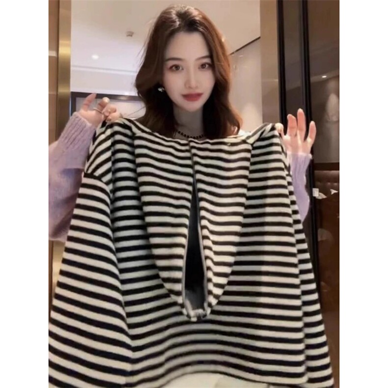 C0227-P60黑白条纹撞色连帽卫衣慵懒风短款美式高级感宽松上衣,男装卫衣,星座617A-2