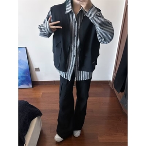 假两件工装长袖衬衫男生2024新款春秋日系条纹衬衣外套CY993-P64图片