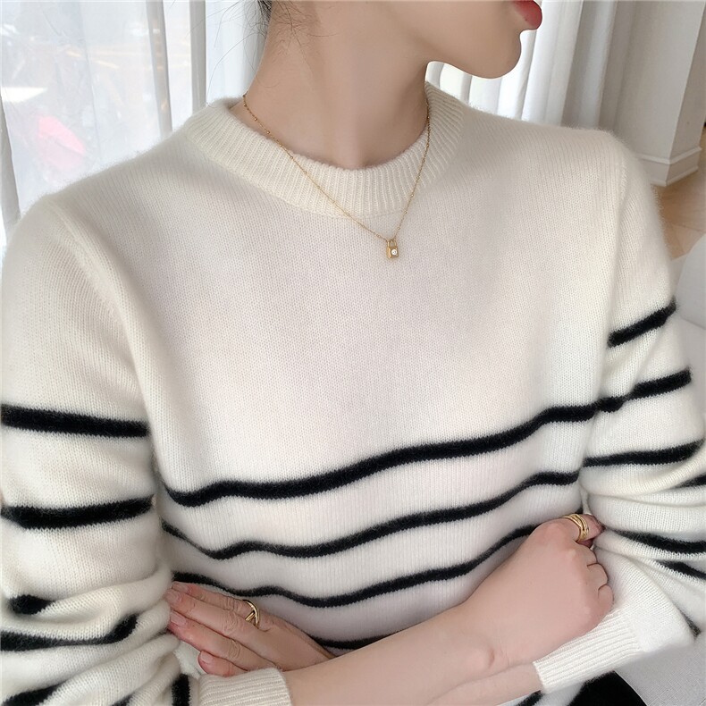 2025年秋季通勤常规套头长袖圆领条纹，女装针织衫/毛衣，途瑞羊绒