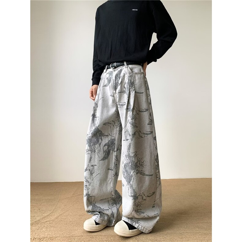 港风秋款男牛仔裤提花扎染印花弯刀阔腿长裤NK7040P58，男装牛仔裤，星座1013-1