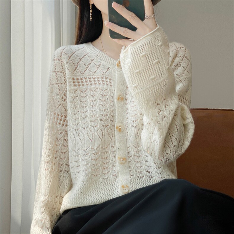 法式松弛感100纯羊毛针织镂空开衫女外套毛衣2025新慵懒外搭罩衫，女装针织衫/毛衣，昭美羊绒