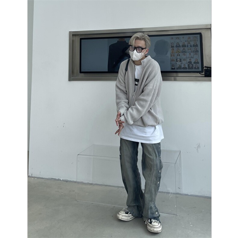 美式复古毛衣外套cleanfit潮高街落肩慵懒风拉链针织开衫,男装针织衫/毛衣,四季星座505