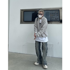 美式复古毛衣外套cleanfit潮高街落肩慵懒风拉链针织开衫，男装针织衫/毛衣，四季星座505