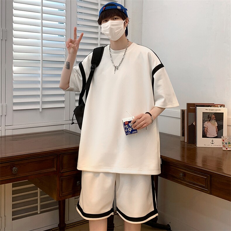 夏上新青少年纯色简约半袖套装运动短裤T恤男女 7806-P75控价108图片