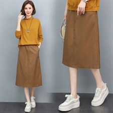 长期现货，纯棉百搭半身裙女新款时尚休闲宽松中长款开衩裙子，女装半身裙，涵誉