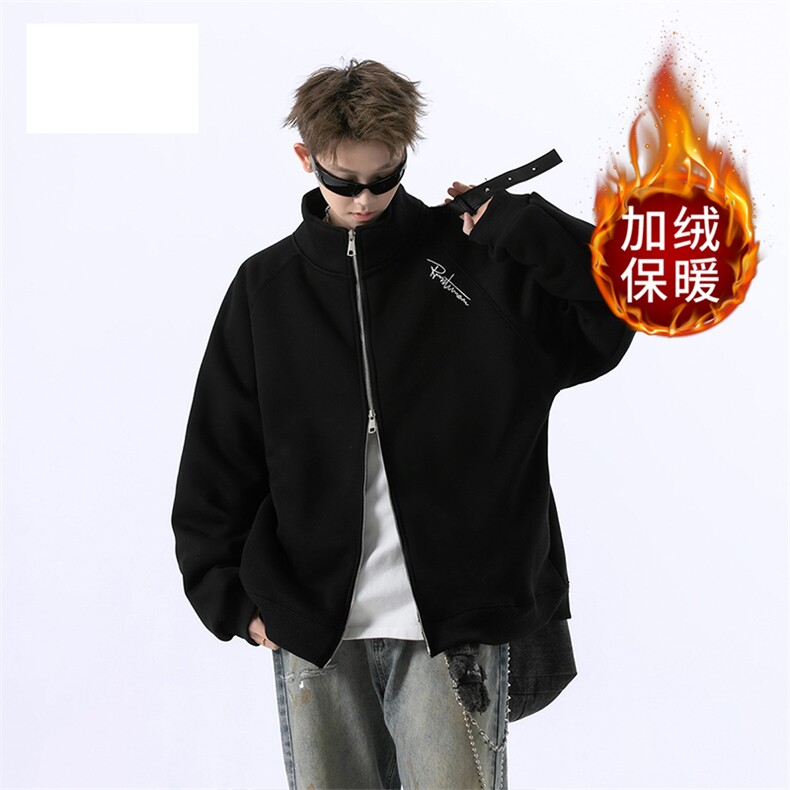美式重磅开衫卫衣女男秋冬潮牌宽松加绒灰色立领外套ZRW25P44,女装短外套,星座1112-1
