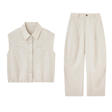 2026夏季新款天丝亚麻无袖衬衫两件套休闲透气贵气时尚直筒裤套装，女装衬衫，梦懿尔