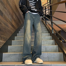美式高街牛仔裤男复古微喇裤潮牌潮流宽松直筒阔腿裤NZG933，男装牛仔裤，星座516A