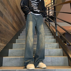 美式高街牛仔裤男复古微喇裤潮牌潮流宽松直筒阔腿裤NZG933