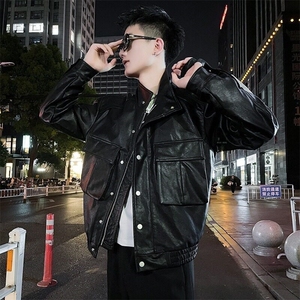 复古机车立领工装皮夹克外套黑色男士春秋季韩帅气翻领机车服图片