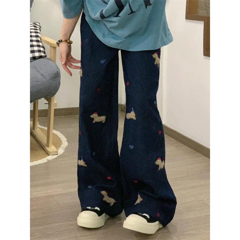 【有货】A298CC-特P52 腊肠狗植绒刺绣牛仔裤男女直筒裤子图片