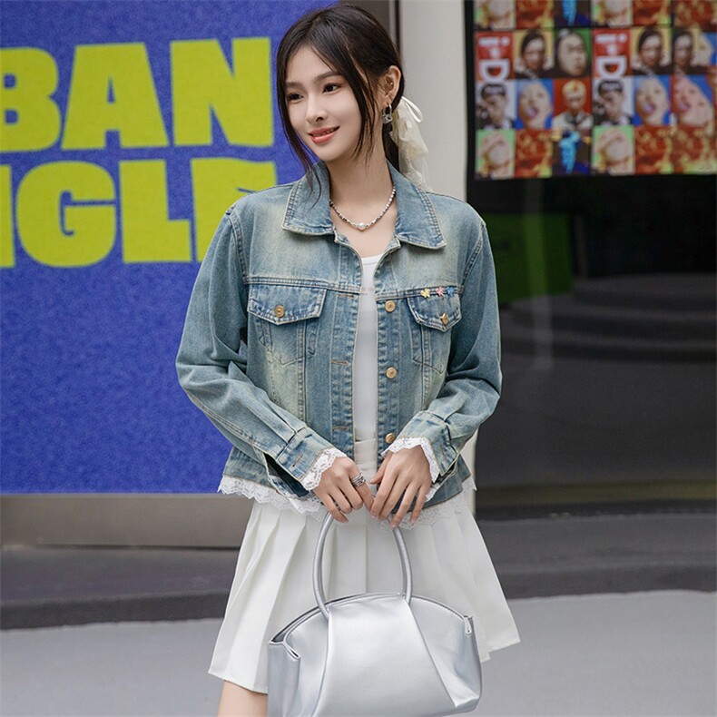 蕾丝拼接牛仔外套女2025春季新款韩版翻领小个子时尚夹克减龄上衣,女装牛仔外套,跑量工厂店
