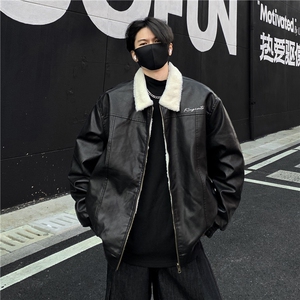 美式复古加绒保暖羊羔绒PU皮衣外套男宽松版加厚棉衣机车棉服p128图片