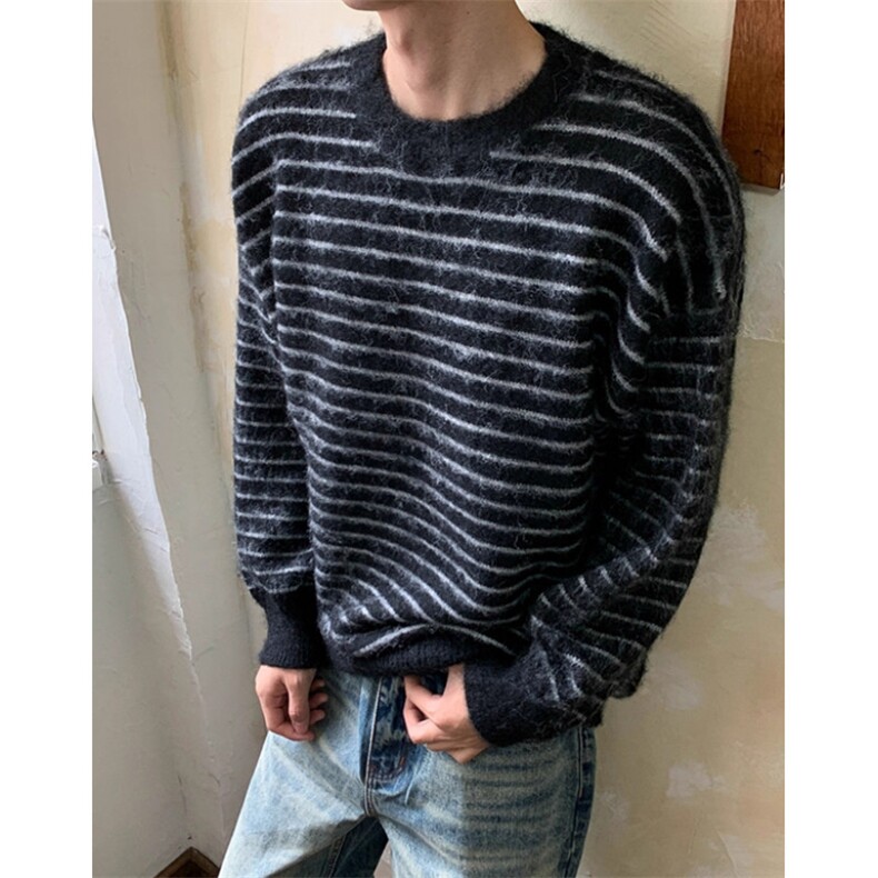 秋冬季慵懒撞色条纹软糯毛衣男女中性百搭圆领针织衫 MY9592图片