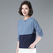 2021年春季通勤韩版圆领拼色长袖T恤女打底经典厚款上衣，女装T恤，伊满意