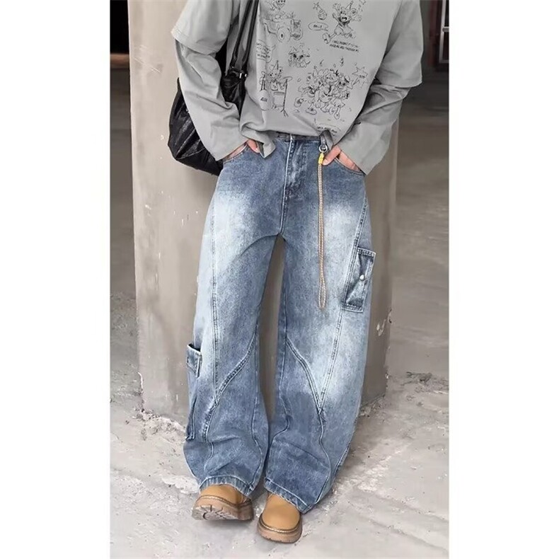 潮牌阔腿弯刀牛仔裤男美式高街水洗做旧垂感显瘦百搭休闲裤,男装牛仔裤,星座410-7