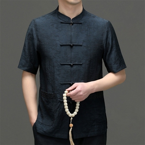 中老年人唐装男士风夏季薄款冰丝绸爷爷短袖套装爸爸太极汉服图片