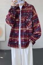 衬衫男秋季新款港风宽松大码格子扎染刺绣长袖衬衣CS3016-P38，男装衬衫，星座214-3