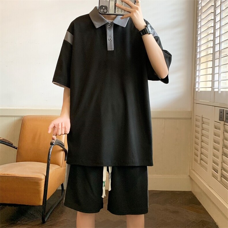 夏季现货主推大码港风情侣polo衫五分裤休闲运动套装男S14P60,男装Polo衫,电商B226-2（原B217-2）