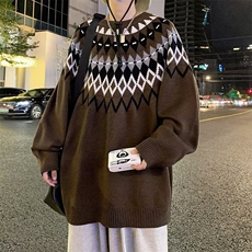 针织衫男菱形格拼色韩版潮2025冬季新款ins宽松毛衣外套W3632-P41，男装针织衫/毛衣，星座412