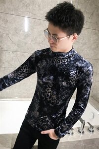社会风T恤男长袖针织衫外穿网红半高领印花打底衫A068-PS34图片