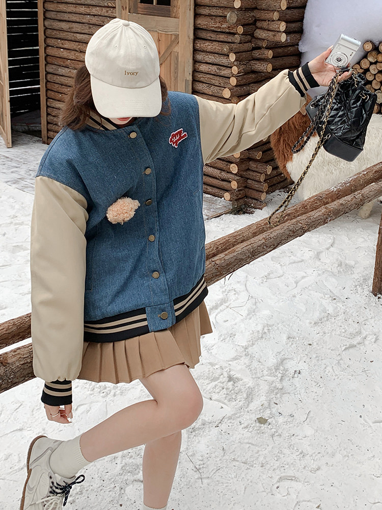 雪景牛仔加棉棒球服外套（玩偶可拆卸）显瘦百搭时尚,女装棉衣/棉服,天使之佳话