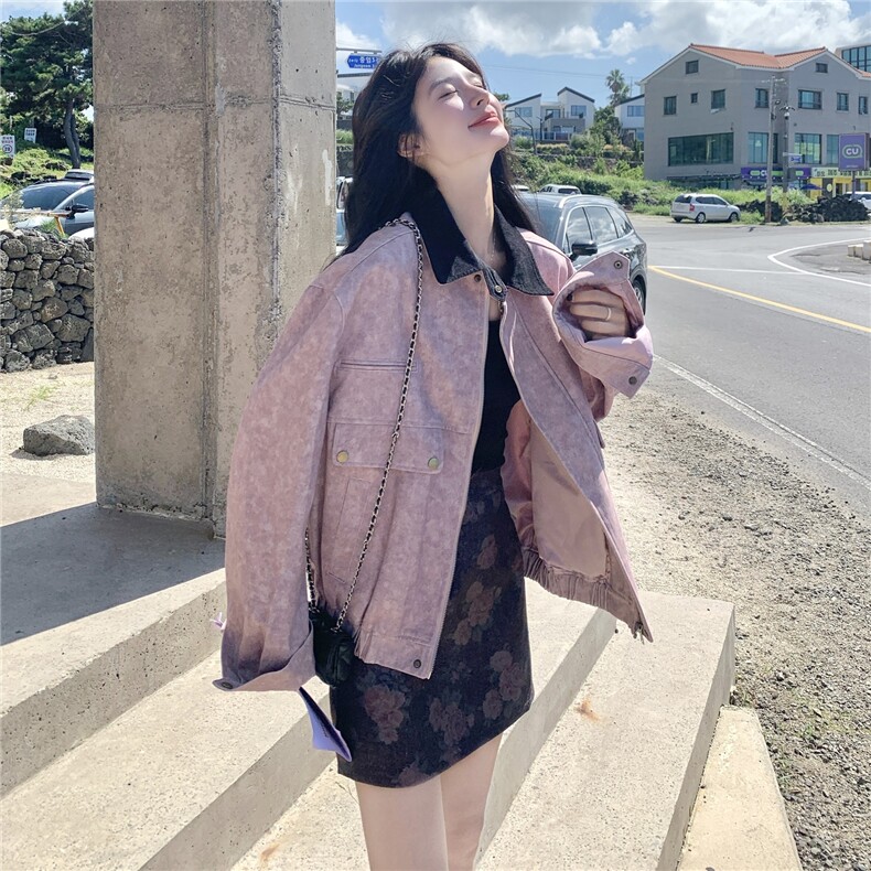 粉色扎染撞色拼接翻领工装外套女2025秋季小个子宽松休闲酷飒夹克,女装短外套,2C113