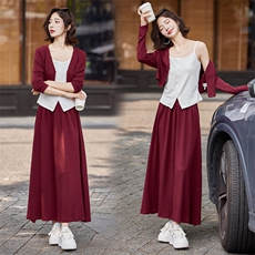 慵懒松弛感一整套穿搭秋季2024新款舒适针织开衫背心半身裙三件套，女装套装/套裙，乔米娜