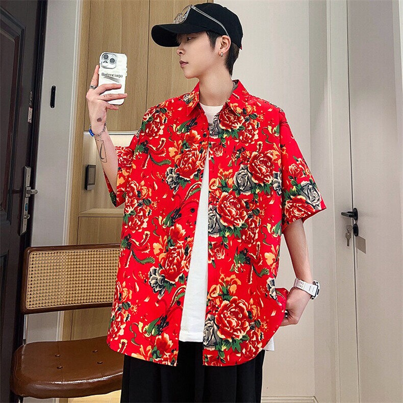 D1男女中性风东北大花短袖衬衫衬衣外套民族风汉服团队服,男装衬衫,星座115A(原星座507）