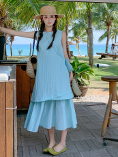 蓝色无袖假两件连衣裙女2025夏季新款韩系宽松休闲显瘦减龄背心裙，女装连衣裙，浙宝305