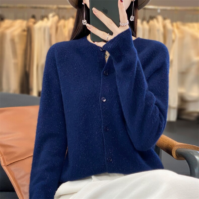 25新款100%纯羊毛开衫女POLO领针织羊绒衫外套宽松纯色长袖打底衫,女装羊毛衫,鲁菏羊绒