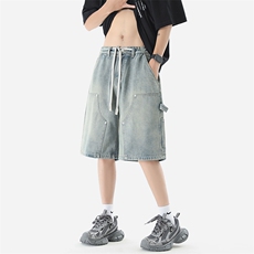 美式高街牛仔短裤男水洗设计感工装潮牌宽松XZ225-3-DK08-P40控58，男装牛仔裤，星座225-3