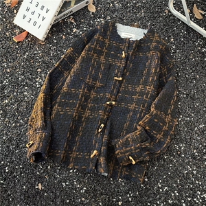 复古破坏格子男女款外套秋季毛边痞帅短款高级香风褂子夹克图片