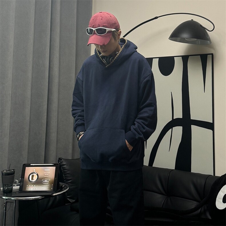 抖音得物高品质二开 25秋冬美式重磅宽松纯色连帽贝壳刺绣卫衣W63图片
