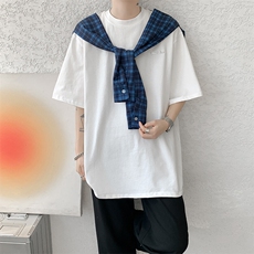 8XL-M潮情侣美式拼接打结格子假两件短袖宽松纯棉T恤男DX338，男装T恤，电商D206-1