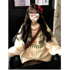 费尔岛毛衣秋冬女宽松慵懒高级感民族风重工提花圆领套头针织衫厚图片