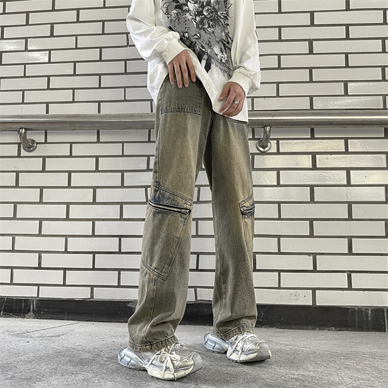 新款潮牌高街美式春秋季工装裤宽松休闲直筒牛仔裤图片