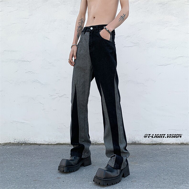 B221美式ins高街小众情侣个性款拼接微喇牛仔裤LK23095-P65控88,男装牛仔裤,电商B221