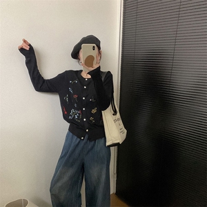 重工刺绣钩花精纺羊毛开衫女圆领拼色针织衫毛衣宽松休闲外套上衣图片